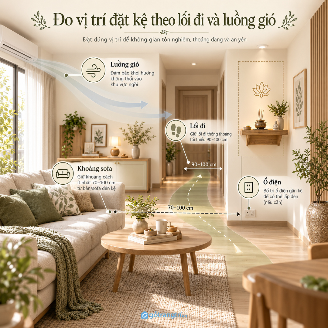 Đo vị trí đặt kệ theo lối đi luồng gió sofa và ổ điện