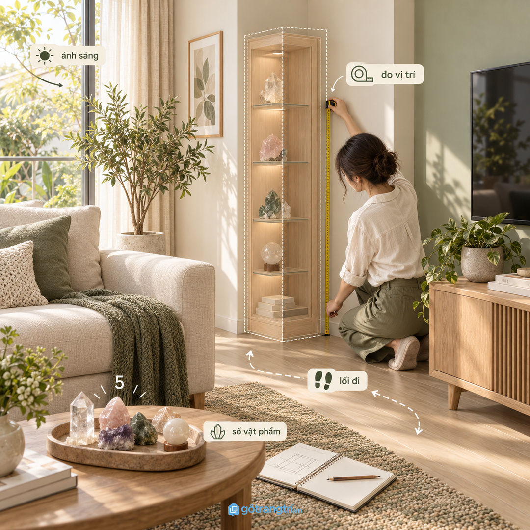 Đo vị trí ánh sáng lối đi và số lượng vật phẩm trước khi đặt tủ
