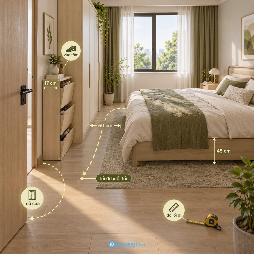 Đo lối mở cửa và lối đi quanh giường trước khi chốt tủ dép