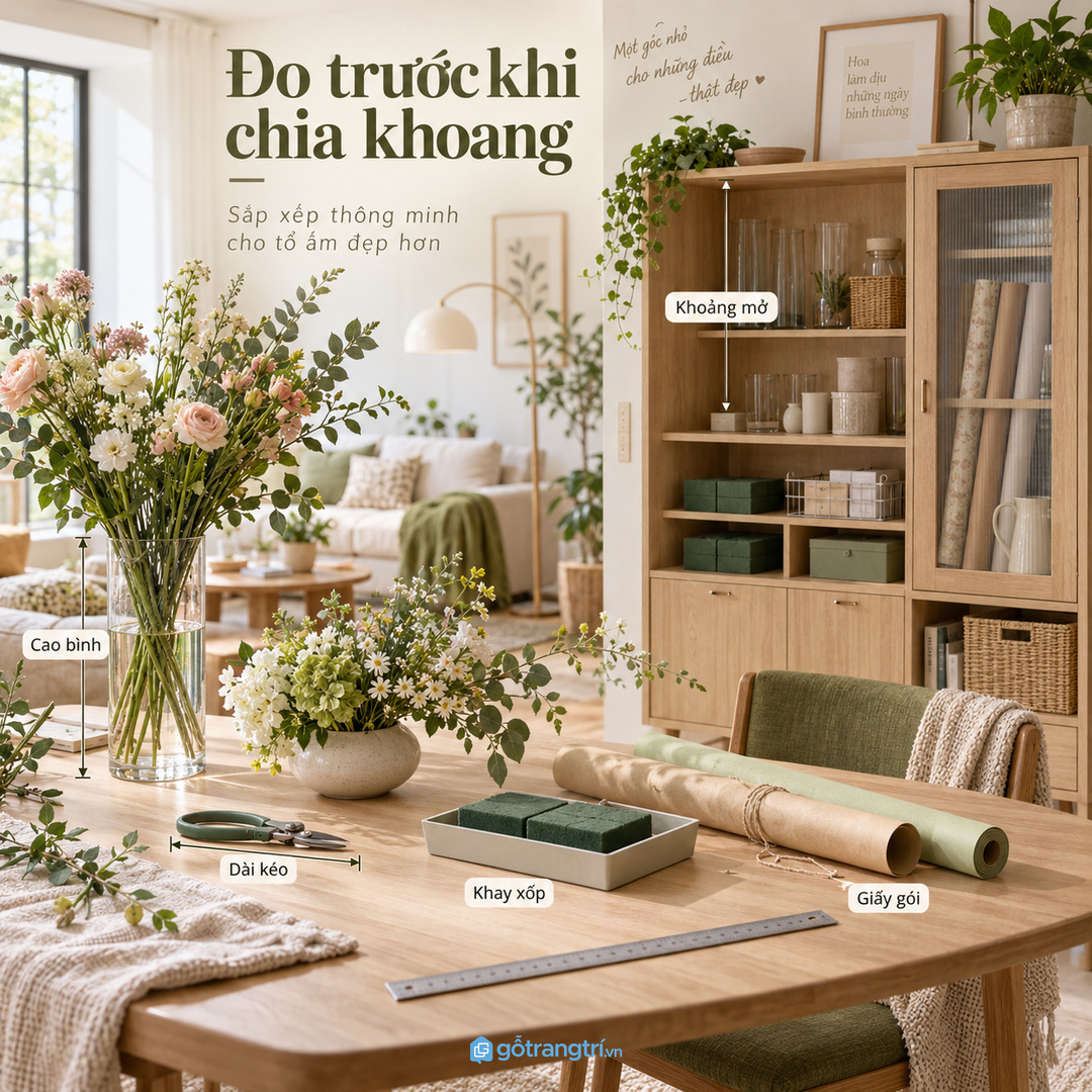 Đo chiều cao bình chiều dài kéo khay xốp giấy gói trước khi chia khoang