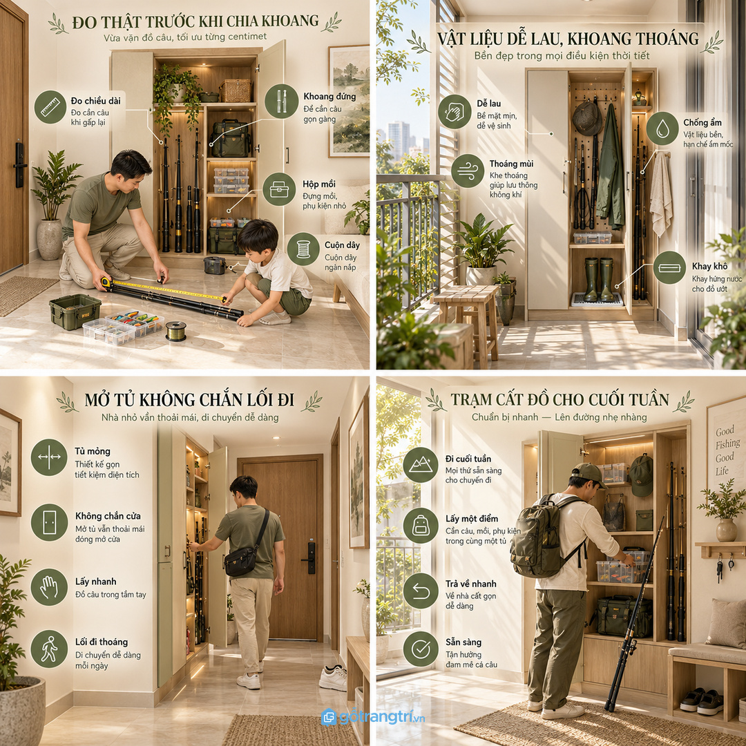 Đo cần gấp hộp mồi cuộn dây và túi đồ câu trước khi chia khoang