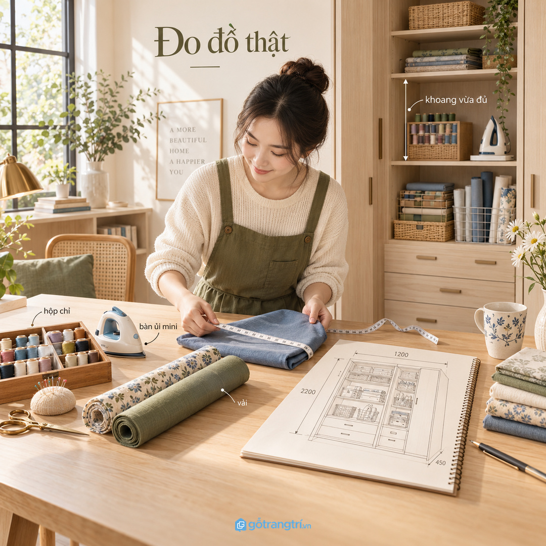 Đo hộp kim chỉ bàn ủi mini và vải trước khi chia khoang