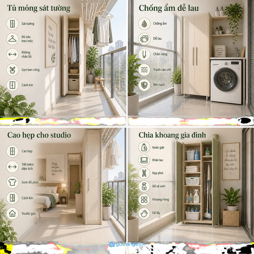 Tủ mỏng sát tường giữ lối phơi thoáng nhưng vẫn đủ chỗ cho móc áo