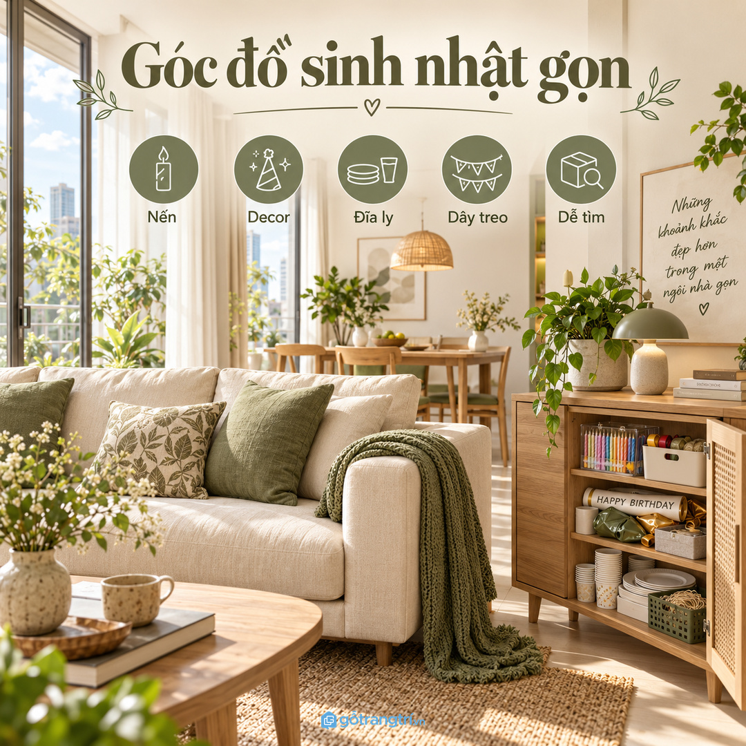 Chia khoang theo nhóm nến, banner, đĩa ly và phụ kiện
