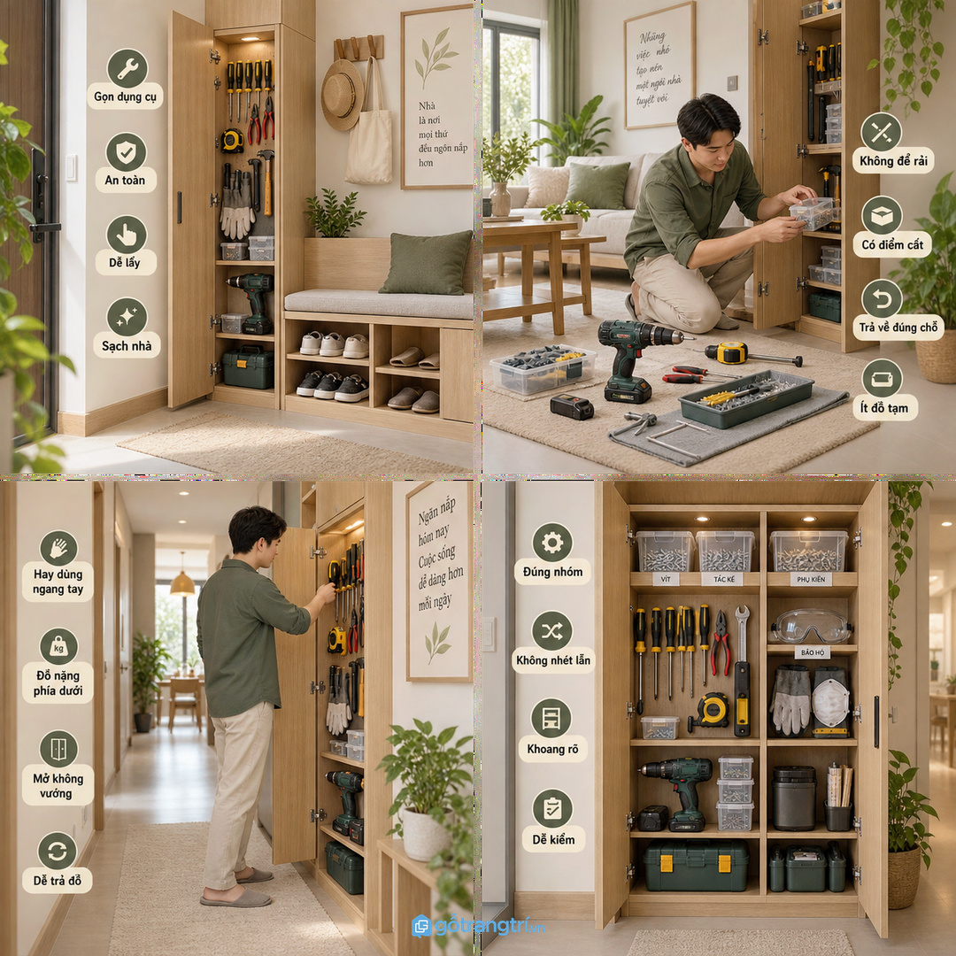 Đo dụng cụ thật trước khi chốt kích thước khoang tủ