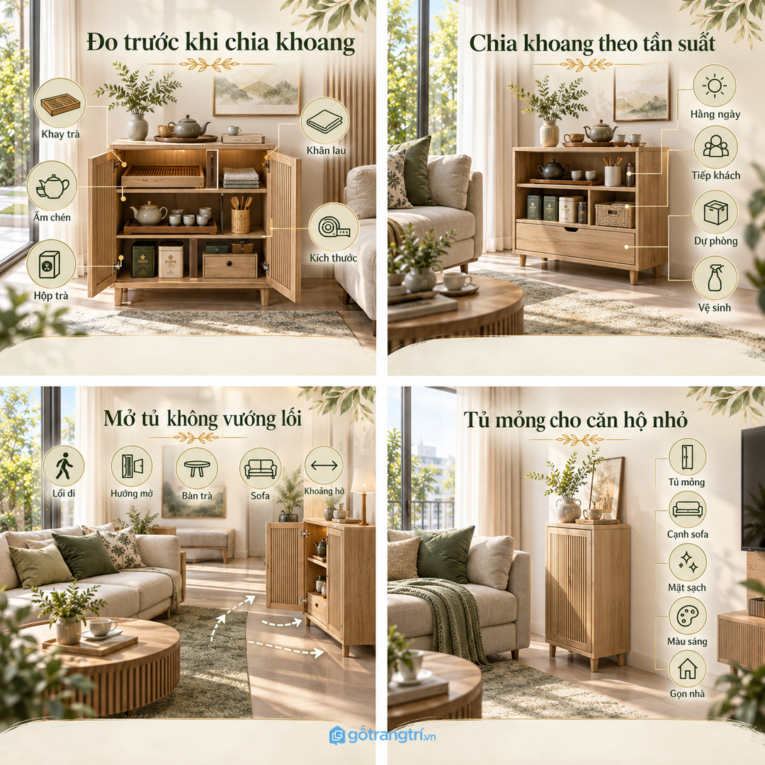 Đo khay trà hộp bánh ly cốc và khăn giấy trước khi chia khoang