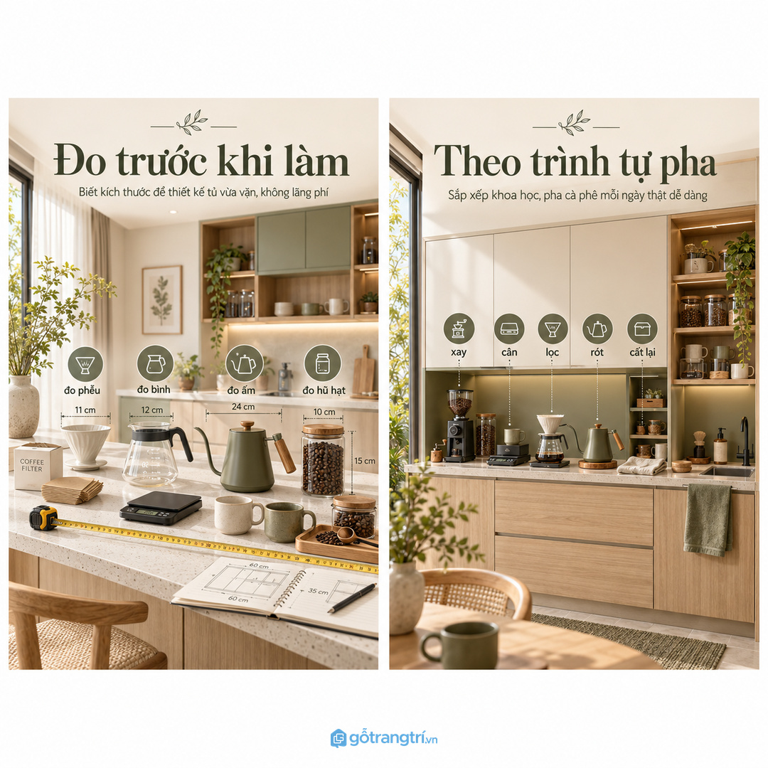 Đo phễu bình server ấm rót cân và hũ hạt trước khi chia khoang