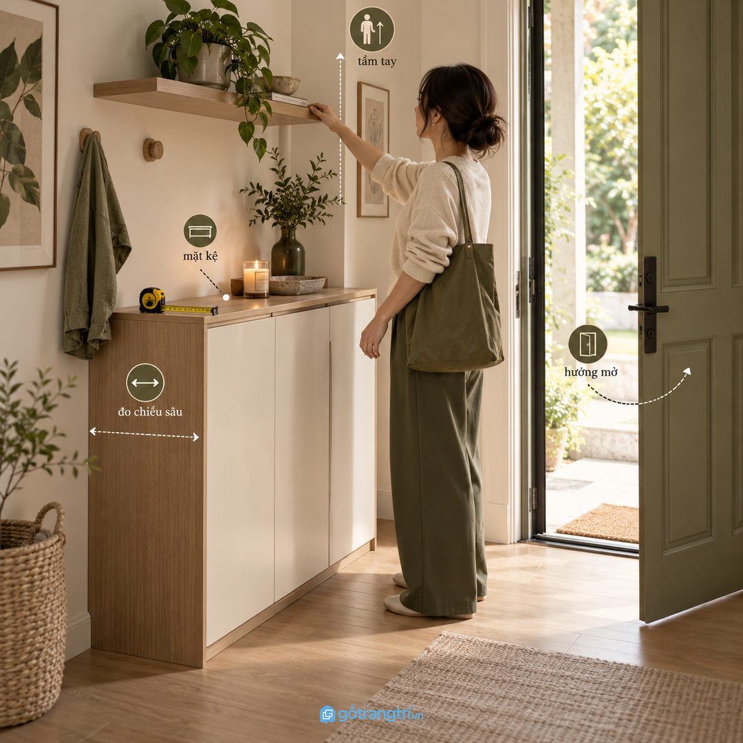 Đo nến, khay, hướng mở cửa và tầm tay trước khi chốt tủ