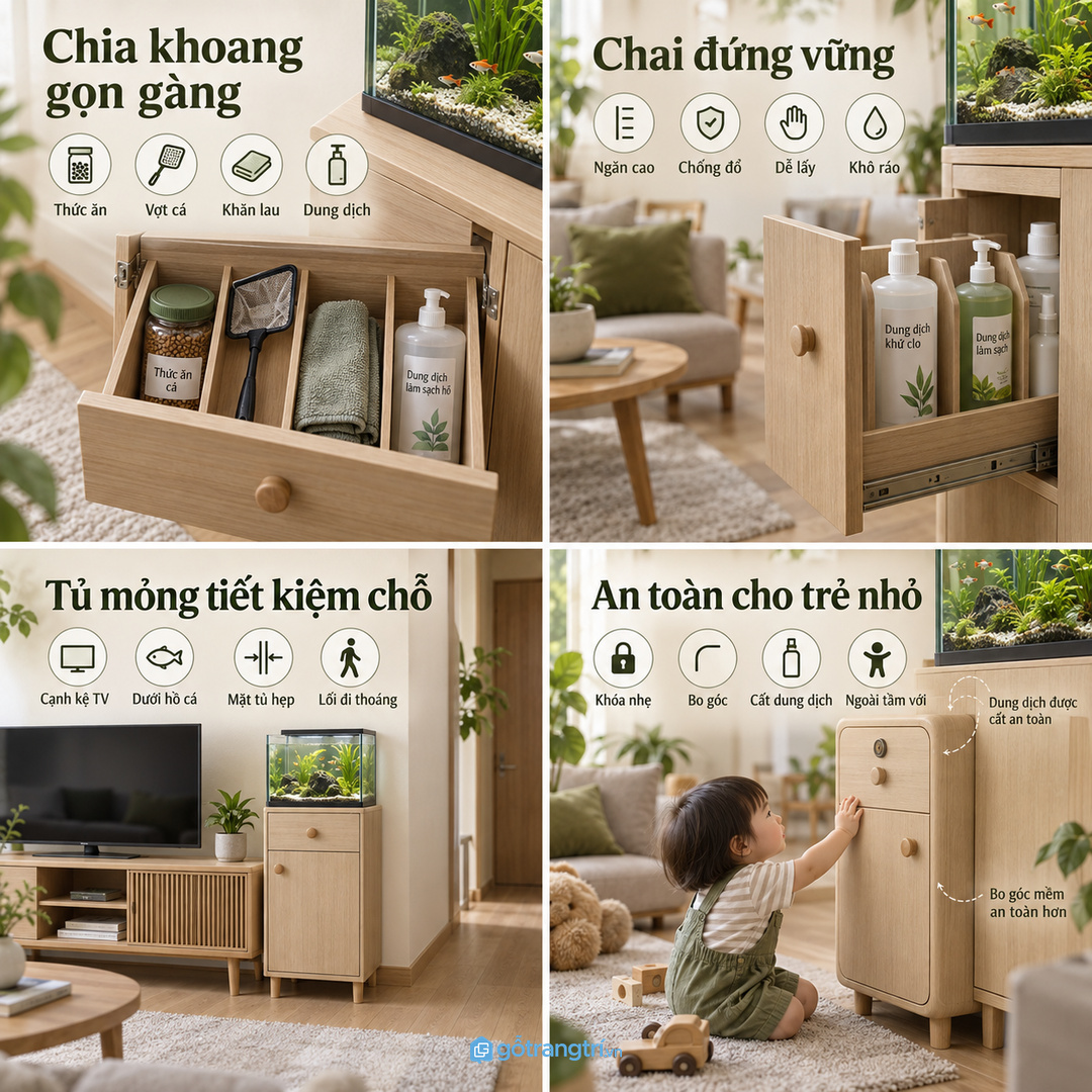 Đo vị trí gần hồ cá và nhóm dụng cụ thật trước khi đặt làm