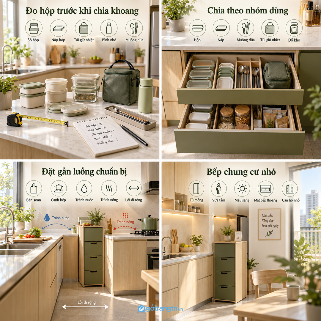 Đo số lượng hộp cơm nắp túi và phụ kiện trước khi chia khoang