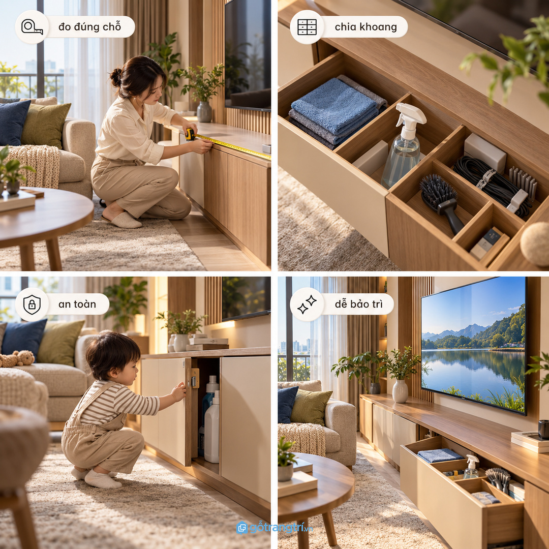 Đo kệ tivi ngăn kéo và số lượng remote trước khi chốt thiết kế
