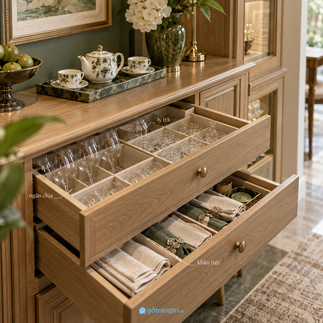Chiều sâu tủ phải đủ cho khay trà nhưng không chặn lối đi
