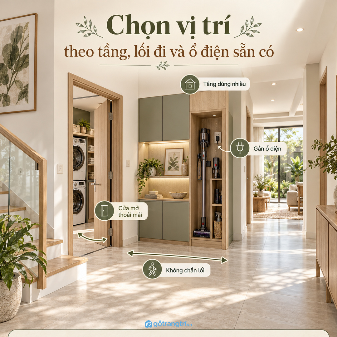 Vị trí tủ cần gần tuyến dọn nhưng không chắn lối đi chính