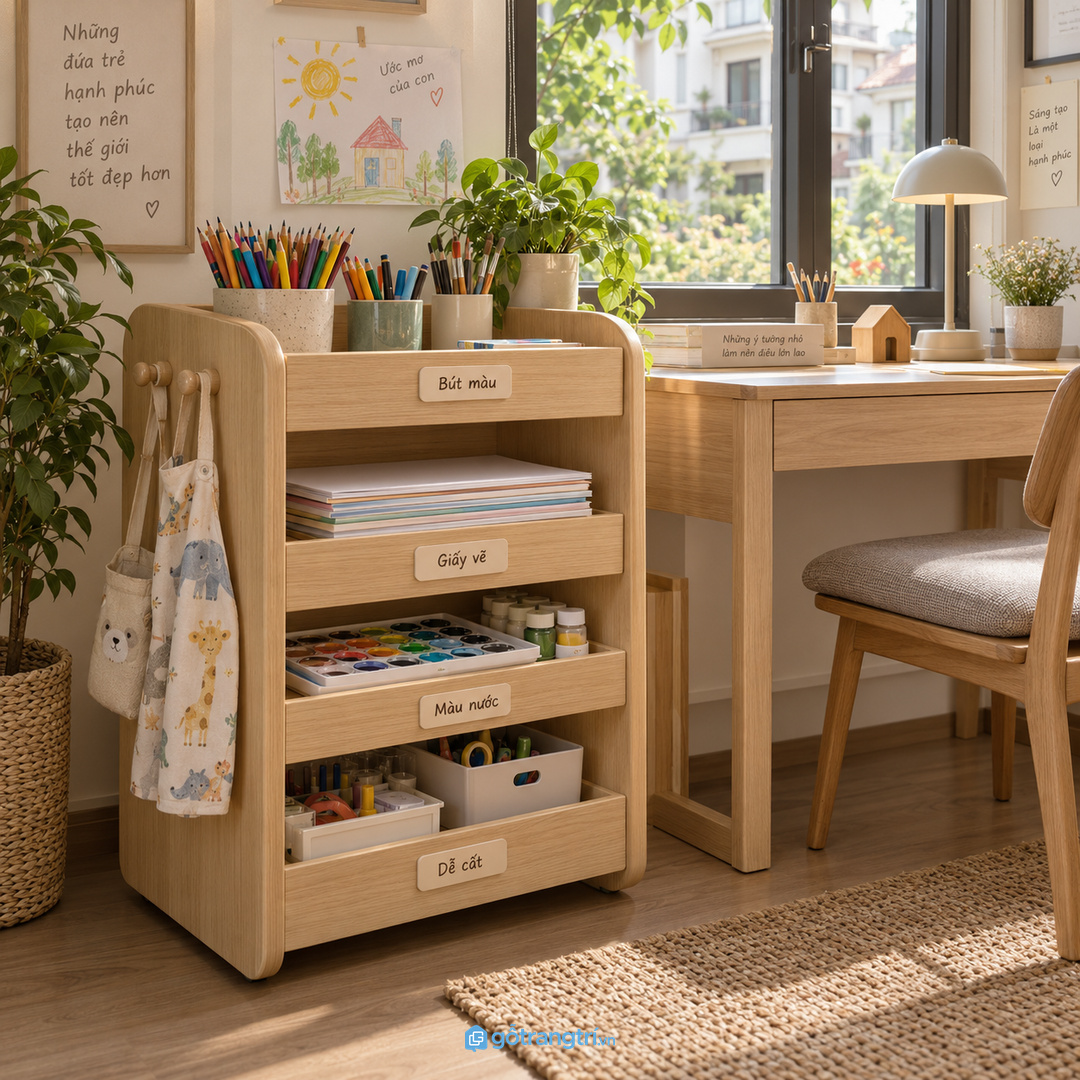 Vị trí tủ nên gần bàn học nhưng tránh khu ẩm và bụi bếp