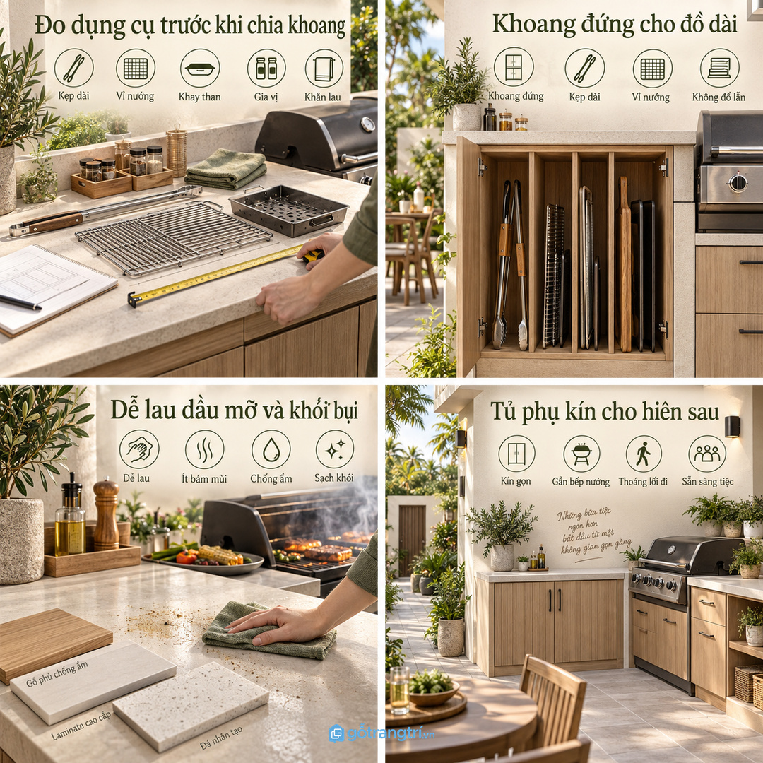 Đo kẹp nướng vỉ khay than hộp gia vị và khăn lau trước khi chia khoang