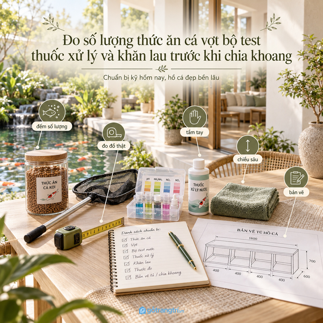 Đo số lượng thức ăn cá vợt bộ test thuốc xử lý và khăn lau trước khi chia khoang