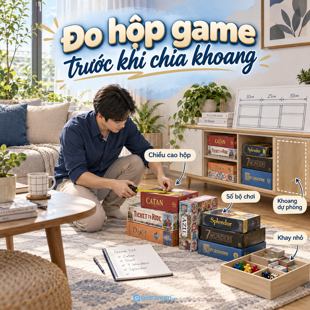 Đo hộp puzzle và số bộ chơi trước khi chia khoang tủ
