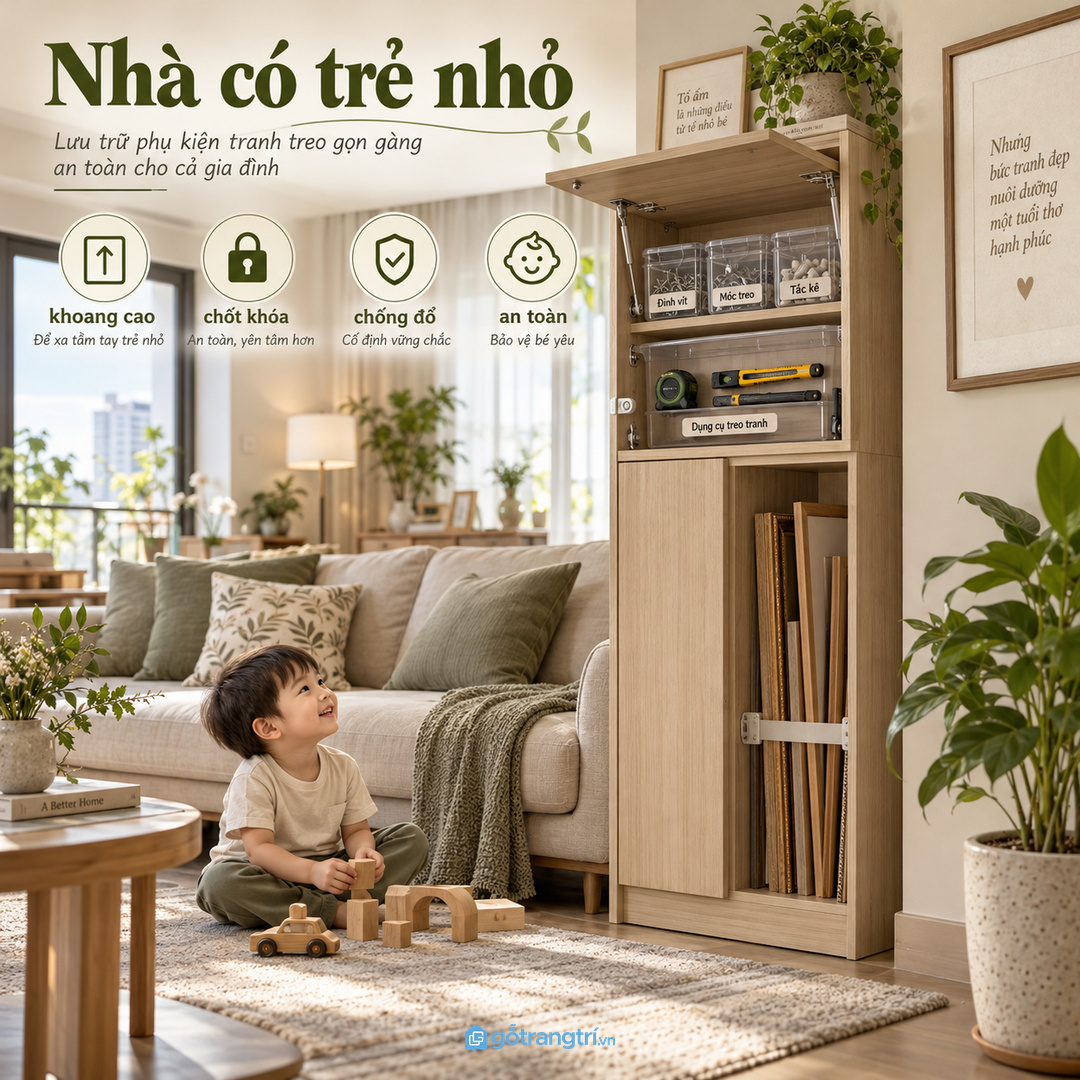 Đo số lượng khung ảnh móc treo dây và dụng cụ nhỏ trước khi chia khoang