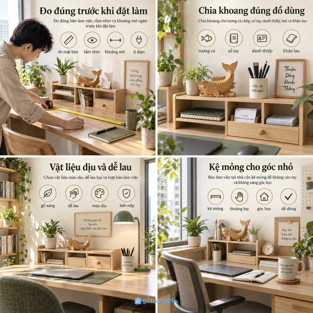 Chia khoang cho tượng cá chép bình hoa đế kê khăn lau và đồ chăm sóc nhỏ