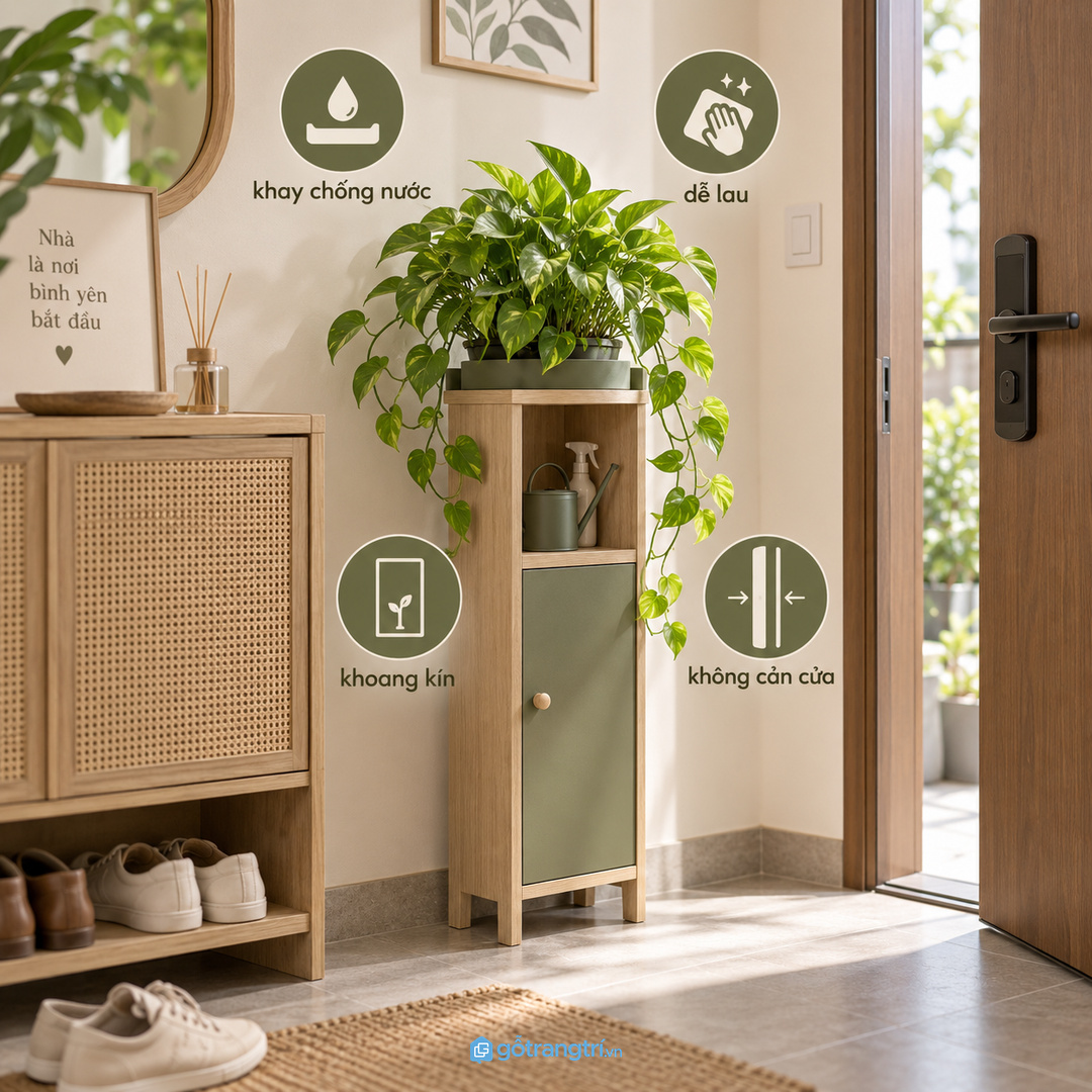 Khay chống nước và khoang kín giúp tưới cây mà không bẩn tủ giày