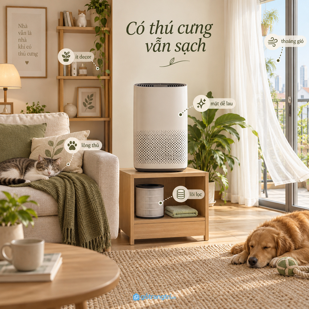 Nhà có thú cưng cần góc máy lọc dễ lau ít decor và có chỗ cất lõi lọc dự phòng