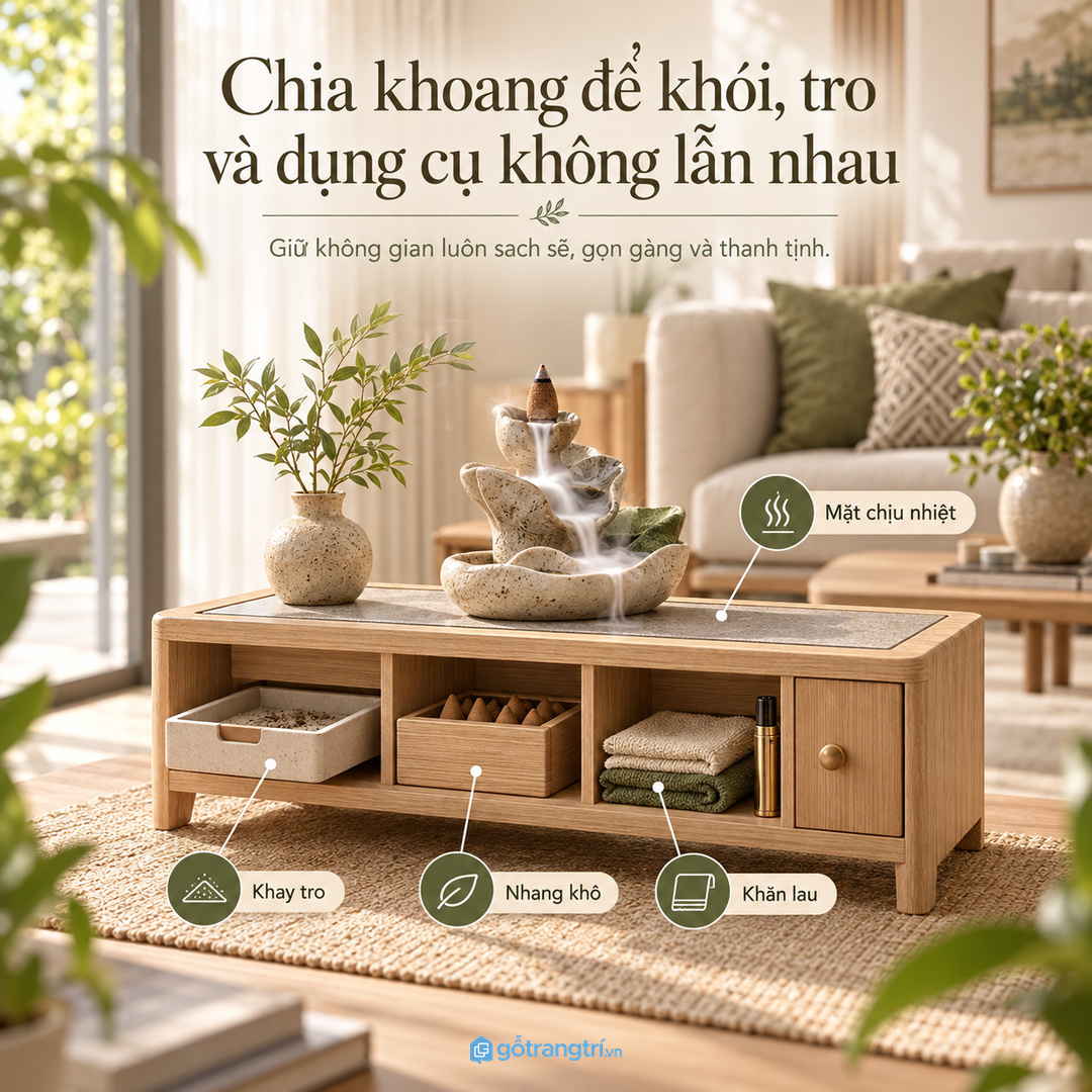 Chia khoang cho mặt chịu nhiệt khay tro nhang khô và khăn lau
