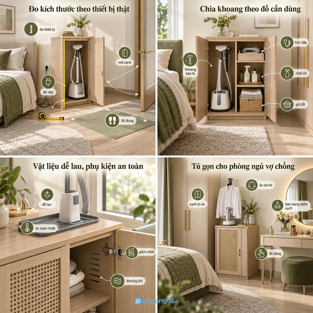 Chia khoang riêng cho bàn là, dây điện, chai xịt vải và giỏ đồ cần là