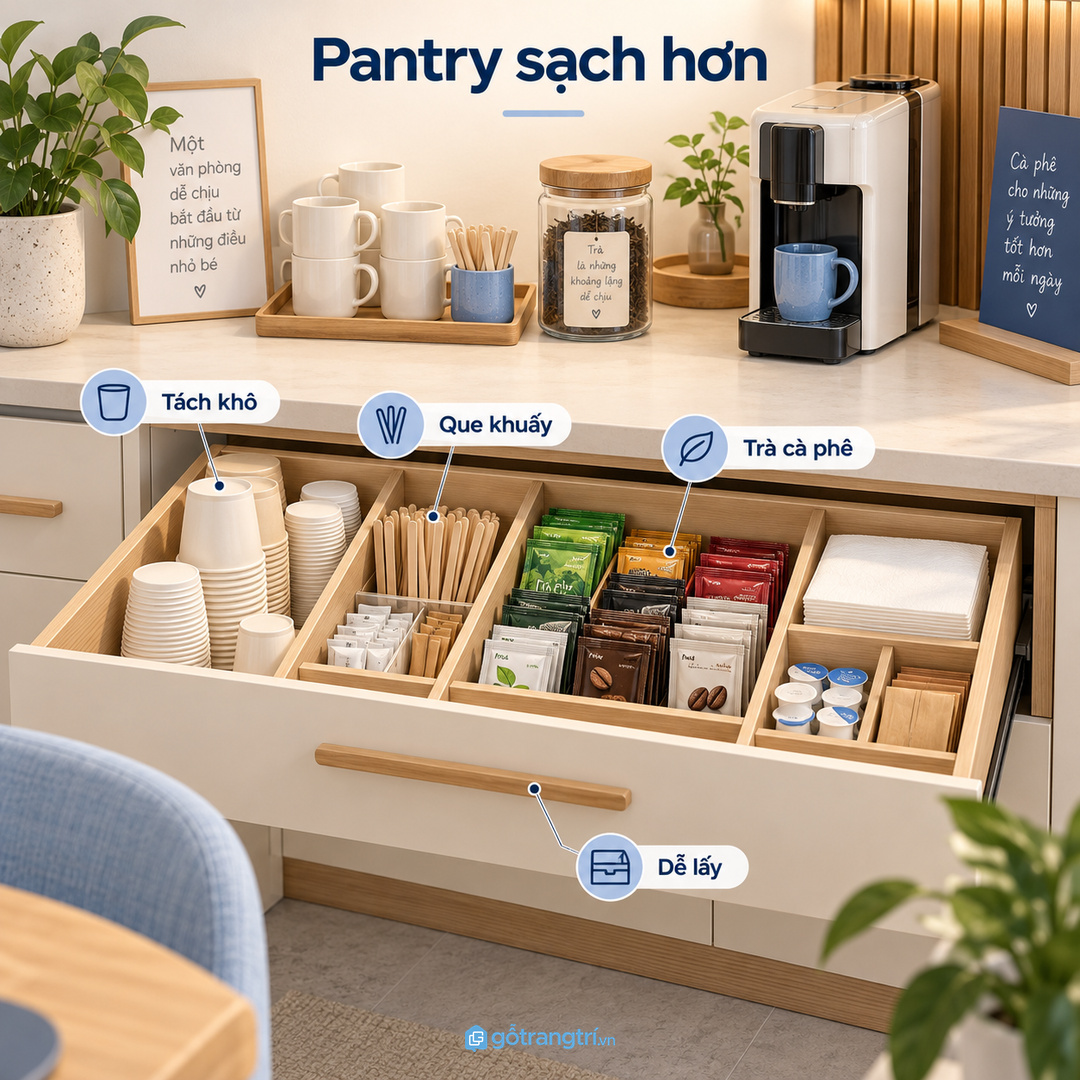 Chia khoang cho cốc dùng ngay cốc dự phòng que khuấy khăn giấy và trà cà phê