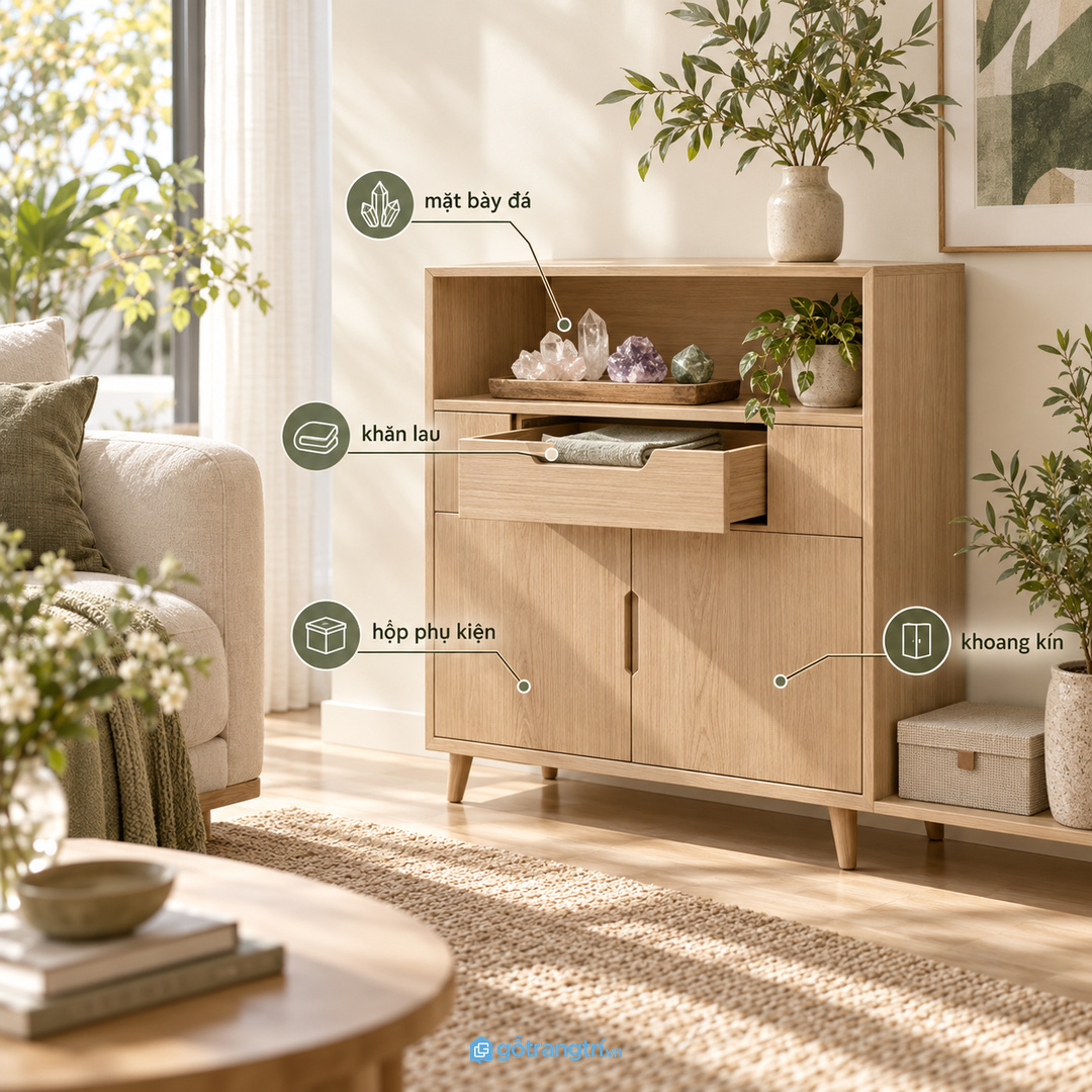 Chia khoang cho mặt bày đá hộp phụ kiện khăn lau và vật phẩm theo mùa