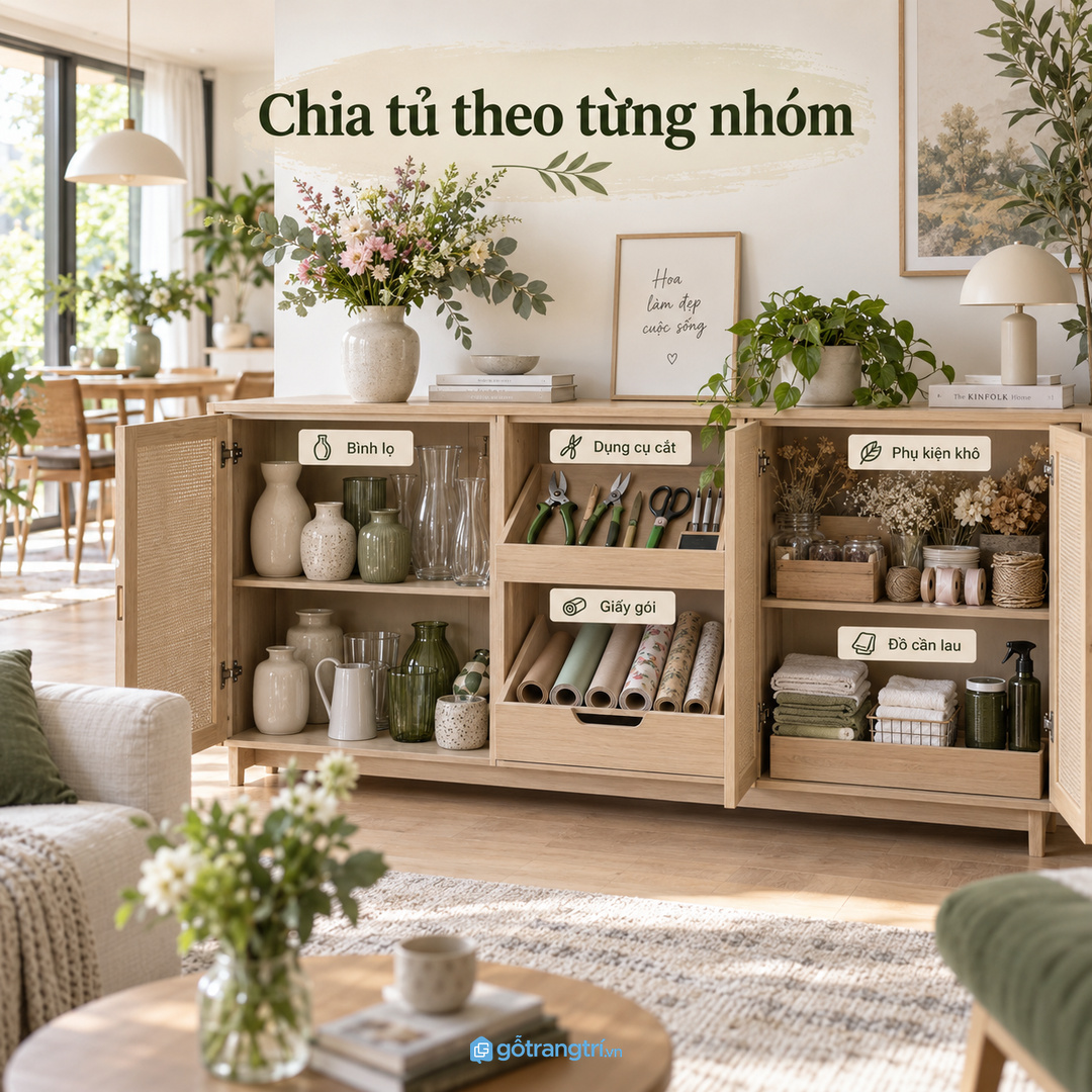 Chia tủ theo nhóm bình lọ dụng cụ cắt giấy gói phụ kiện khô và đồ cần lau