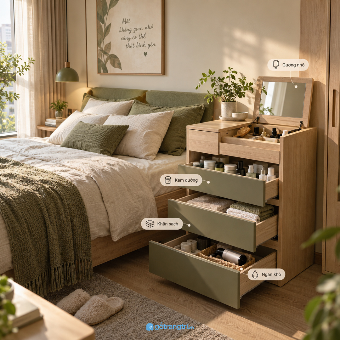 Chia khoang theo nhóm dùng hằng ngày đồ dự phòng và món cần vệ sinh riêng