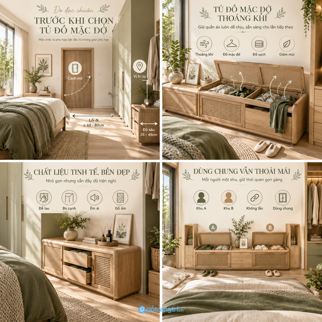 Chia khoang theo áo quần túi xách phụ kiện giấy tờ và đồ cần mang theo