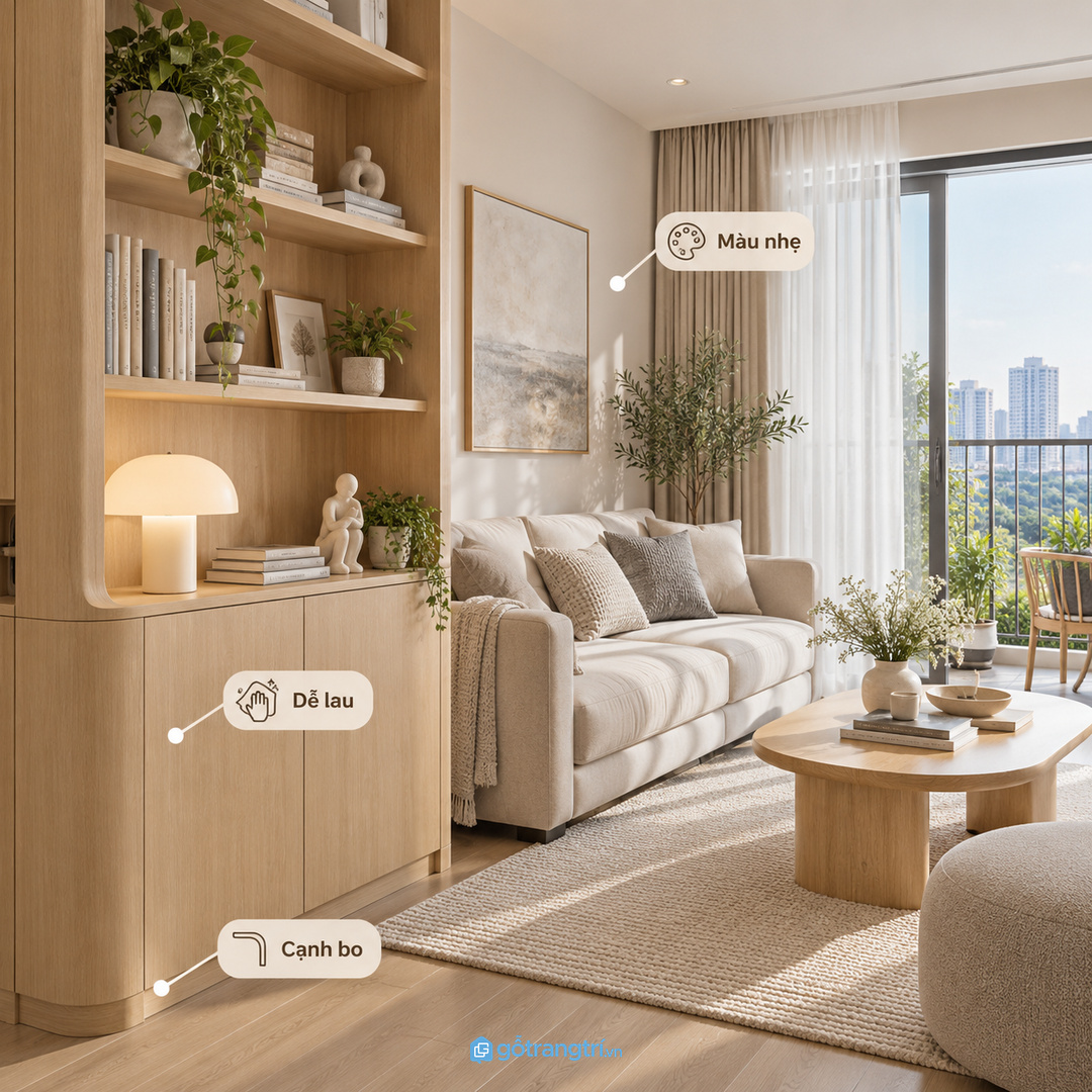 Đo số sách thật và độ sâu cạnh bàn trà trước khi chốt tủ