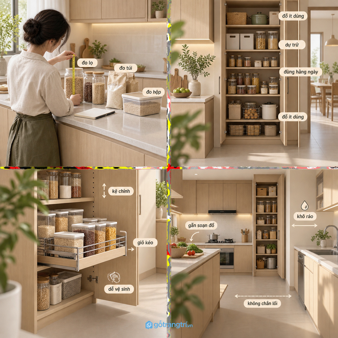 Chia khoang theo đồ dùng hằng ngày đồ dự trữ và món ít dùng
