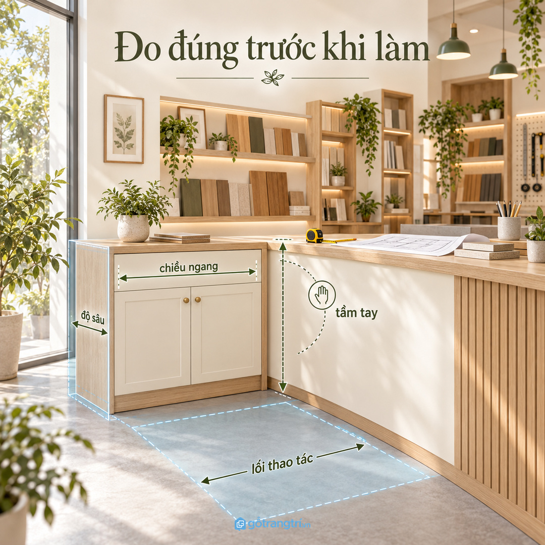 Đo kích thước bàn thờ góc quầy và danh sách đồ dùng trước khi chia khoang