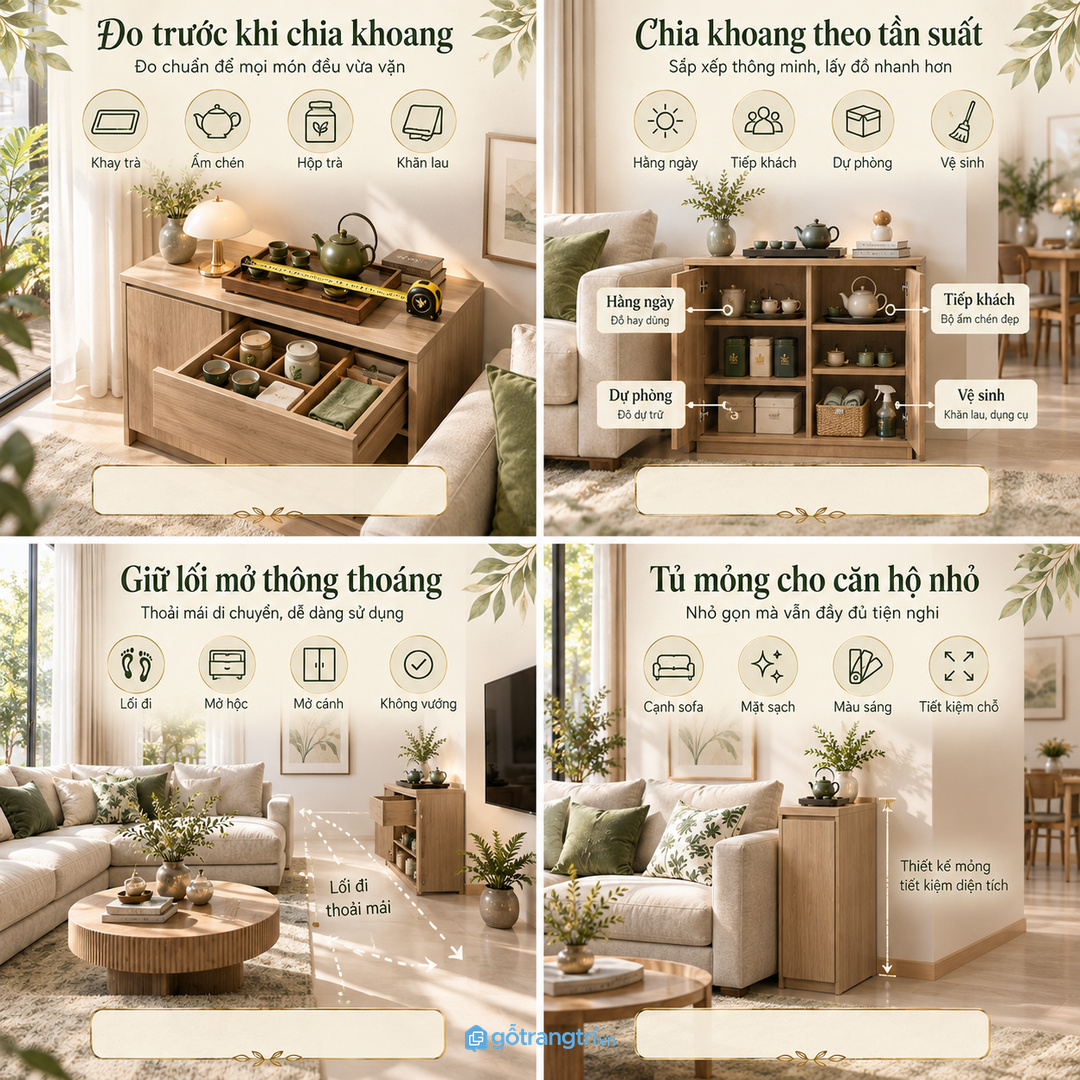 Chia khoang theo nhóm dùng ngay dự phòng và vệ sinh sau khách