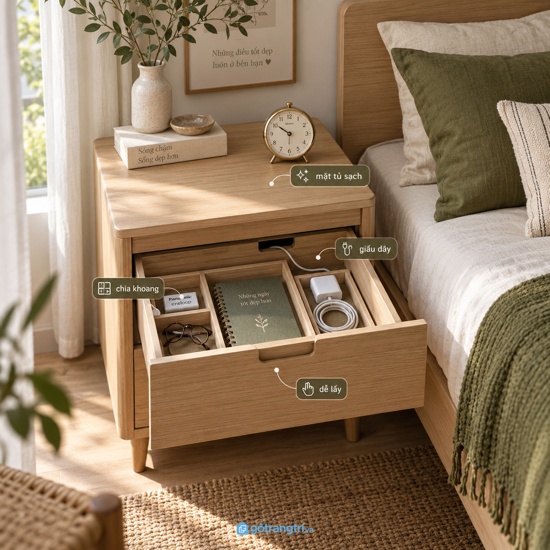 Chia khoang cho đồng hồ điện thoại dây sạc kính ngủ và sổ nhỏ