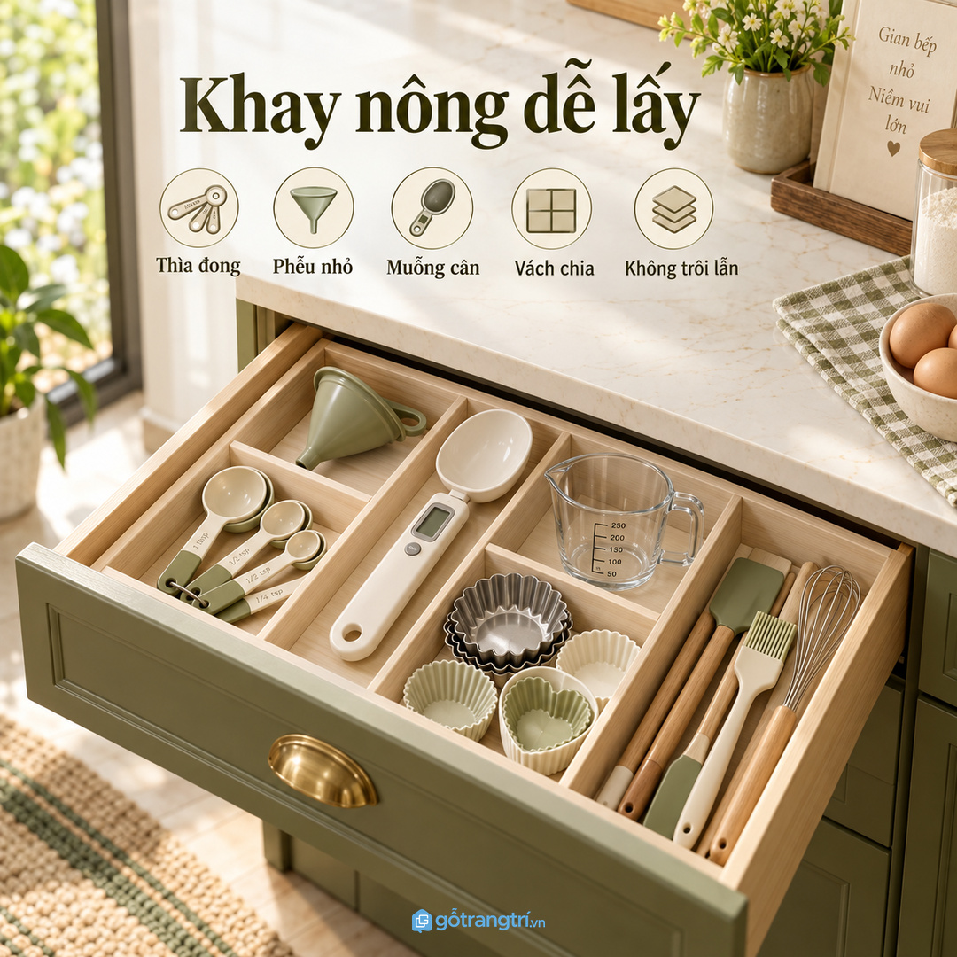 Đo chiều cao cốc đong cân bếp hộp bột trước khi chia khoang tủ