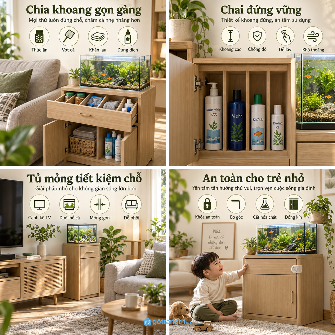 Chia khoang cho thức ăn cá vợt khăn lau dung dịch và phụ kiện vệ sinh hồ