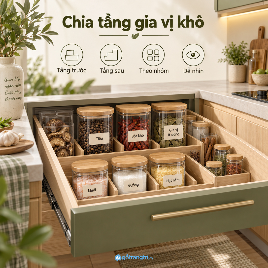 Chia tầng theo nhóm muối đường hạt nêm tiêu bột khô và gia vị ít dùng
