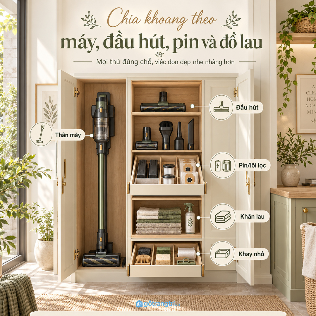 Khoang phụ kiện riêng giúp đầu hút, khăn lau và túi bụi không lẫn nhau