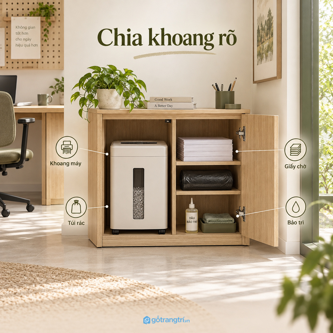 Chia khoang cho máy giấy chờ hủy và vật tư vệ sinh