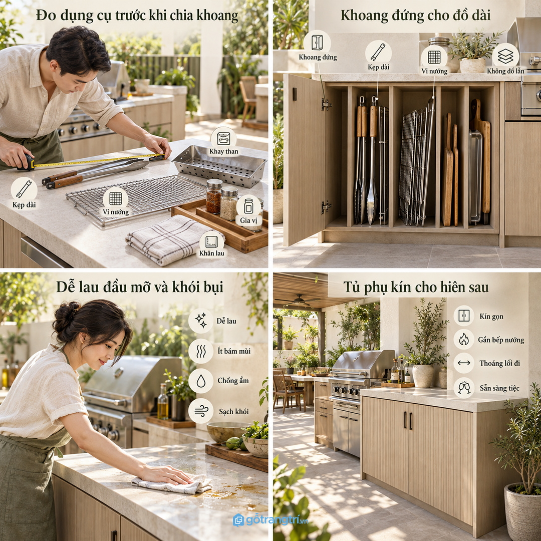Khoang đứng giúp kẹp dài vỉ nướng và thớt ngoài trời không đổ lẫn vào nhau