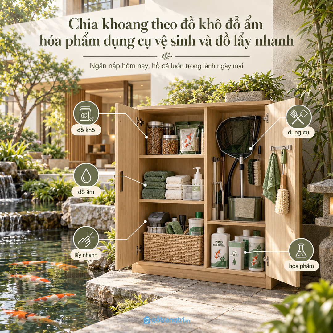 Chia khoang theo đồ khô đồ ẩm hóa phẩm dụng cụ vệ sinh và đồ lấy nhanh