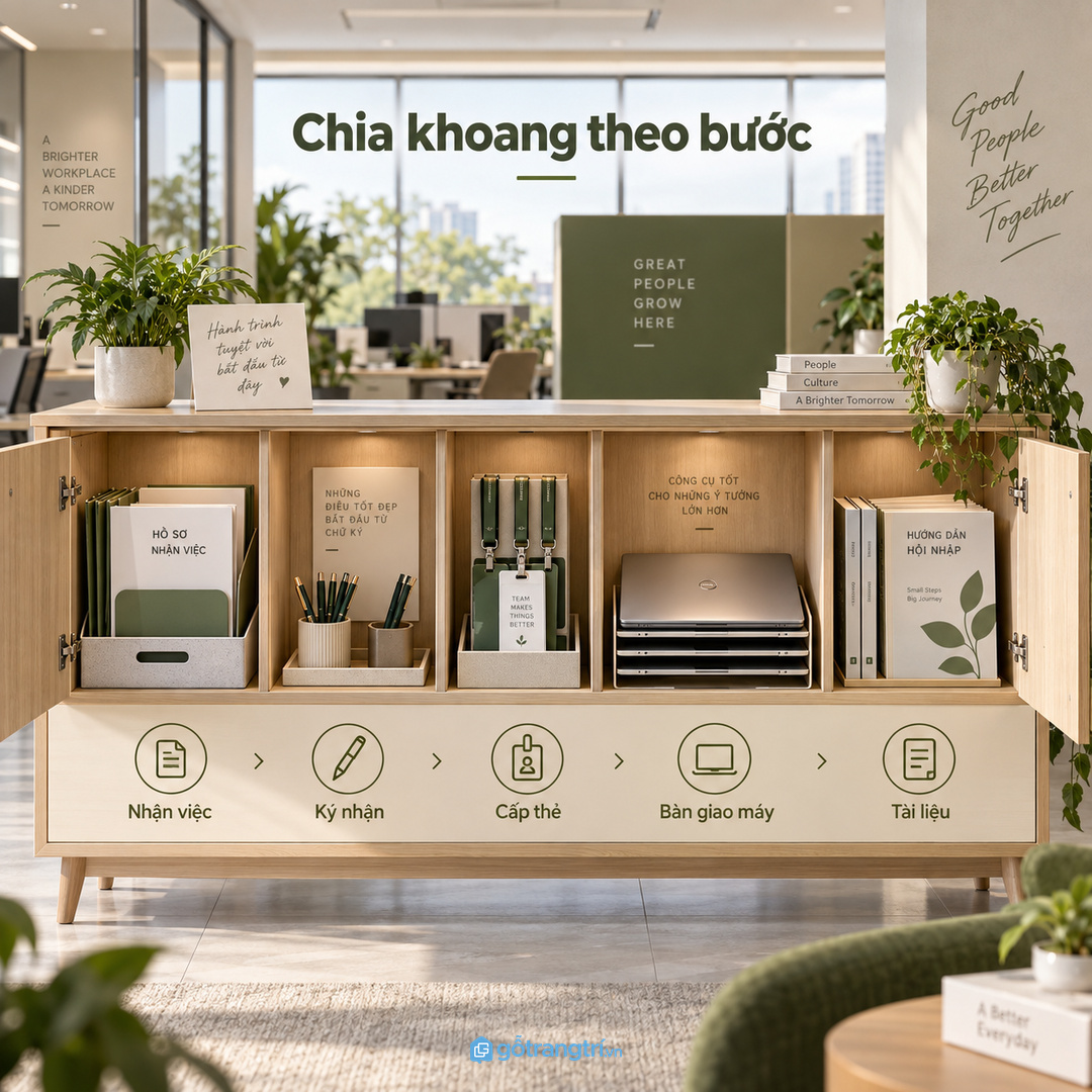 Chia khoang theo nhận việc ký nhận cấp thẻ bàn giao máy và tài liệu
