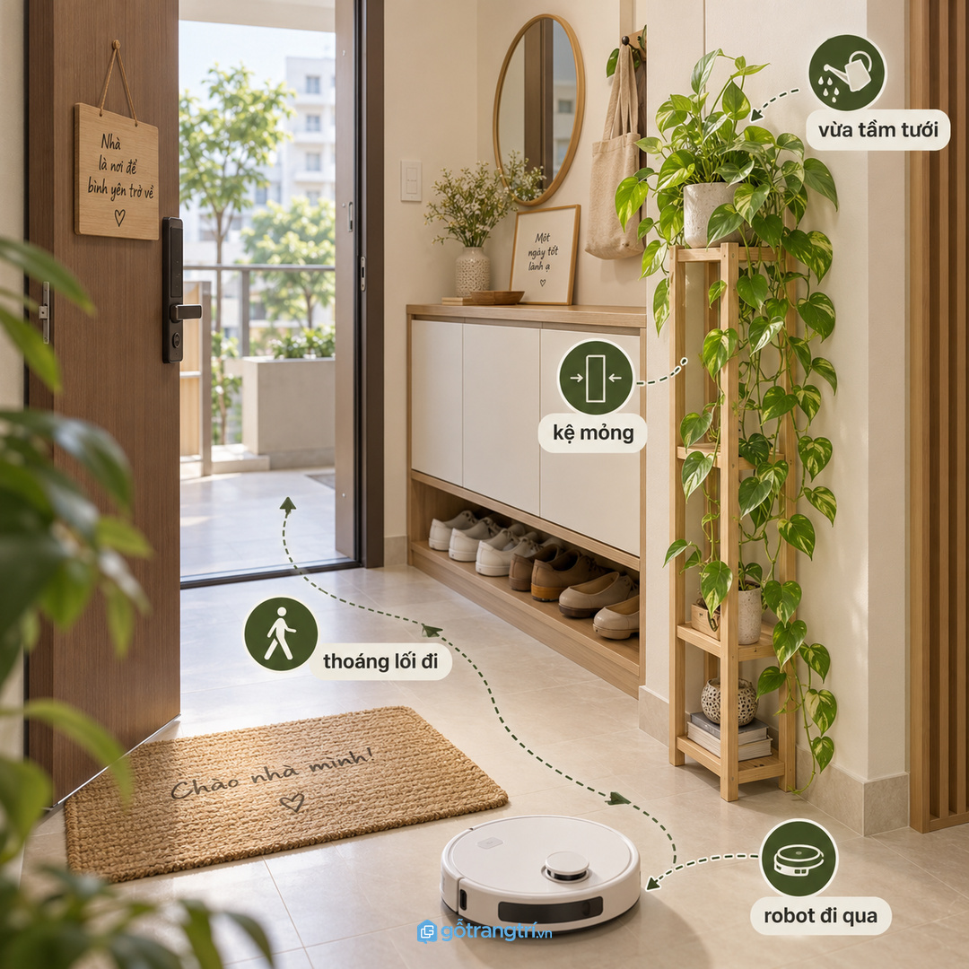 Kệ mỏng theo chiều đứng giữ cửa thoáng và vẫn đủ chỗ cho trầu bà