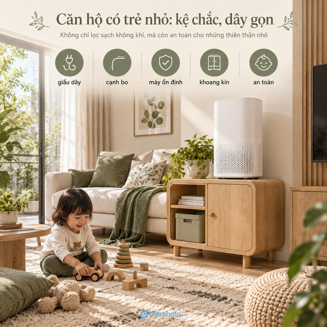 Kệ máy lọc nên giữ máy đứng thoáng dây gọn lõi lọc riêng và lối đi sạch
