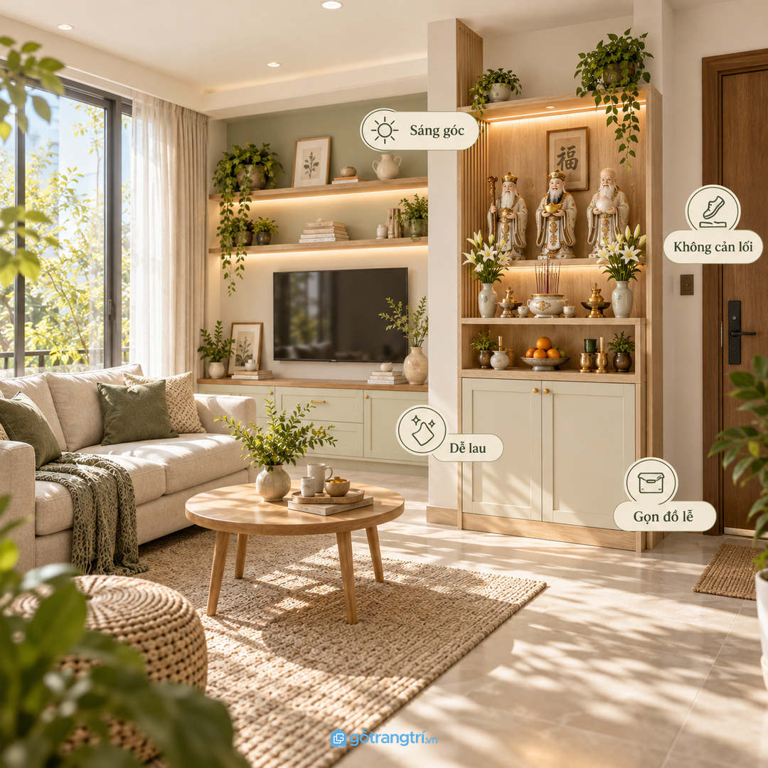 Chọn vật liệu màu gỗ sáng để dễ phối phòng khách
