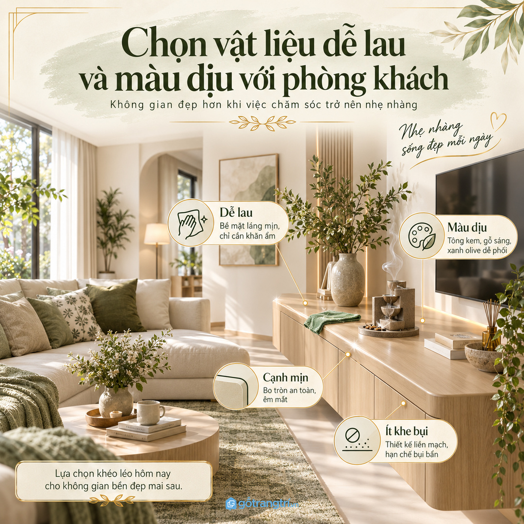 Vật liệu dễ lau màu dịu giúp phòng khách nhỏ sạch và nhẹ mắt
