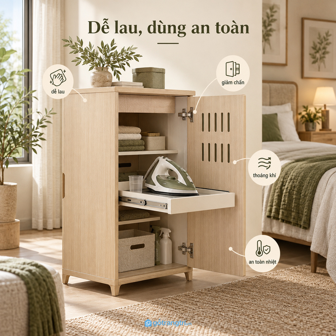 Vật liệu dễ lau, bản lề êm và khe thoáng giúp tủ dùng hằng ngày bền hơn